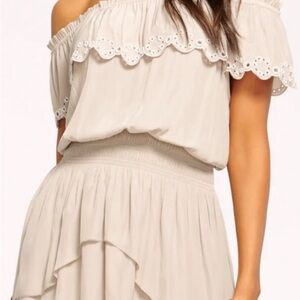 NWT Ramy Brook Off-Shoulder Cynthia Dress. Cream/Beige Mini Dress. Beaded eyelet
